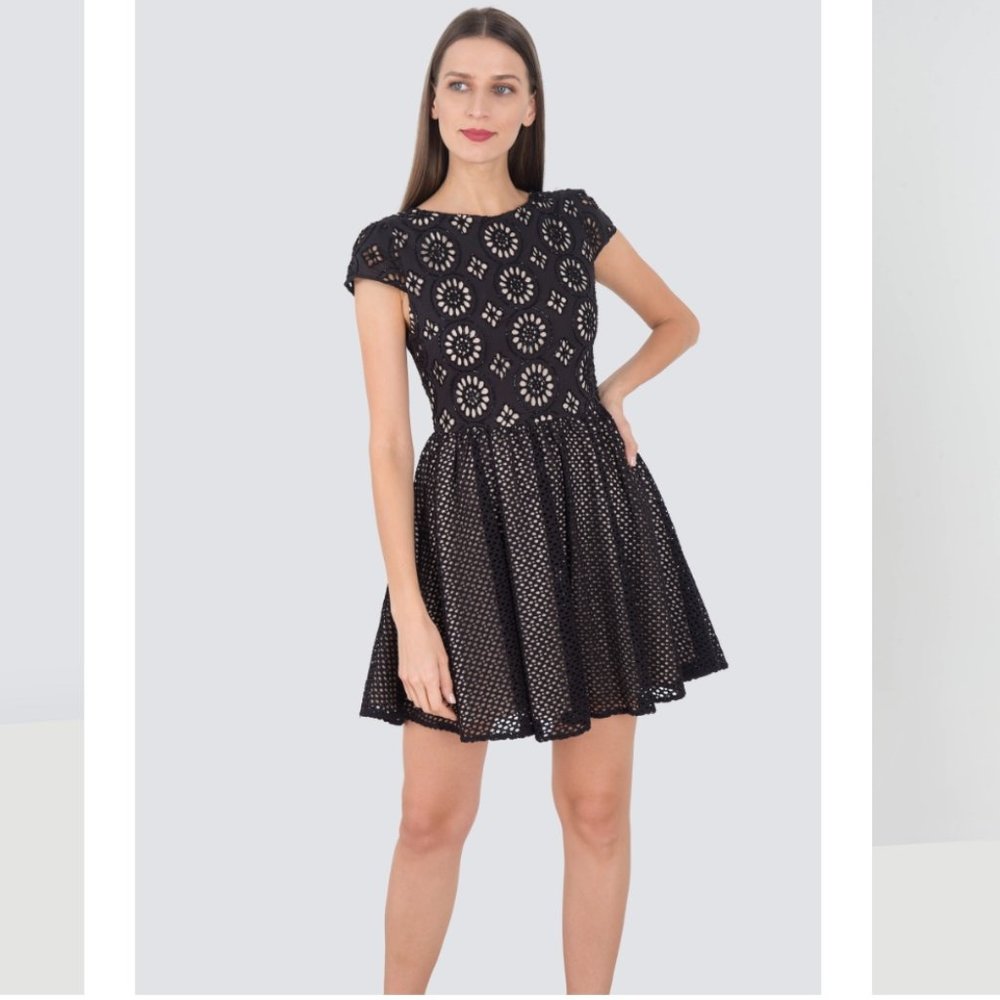 Alice & Olivia Black Beaded Lace Fit & Flare Dress